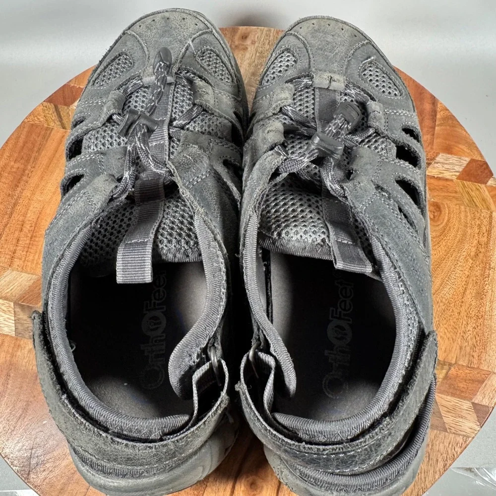 OrthoFeet 598 Clearwater‎ Mens 8 D Gray Leather Orthopedic Fisherman Sandals